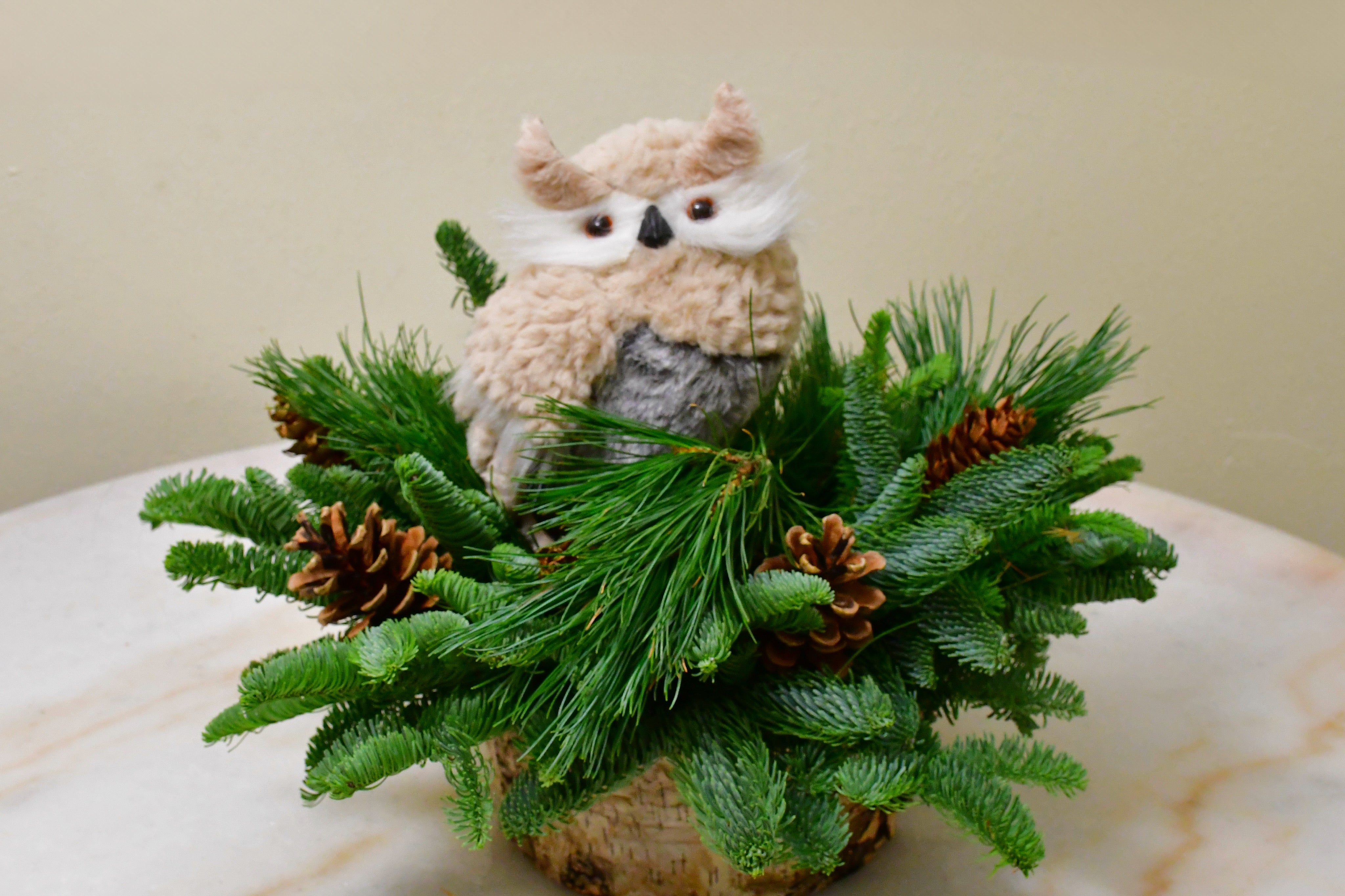 owl Birch holiday centerpiece
