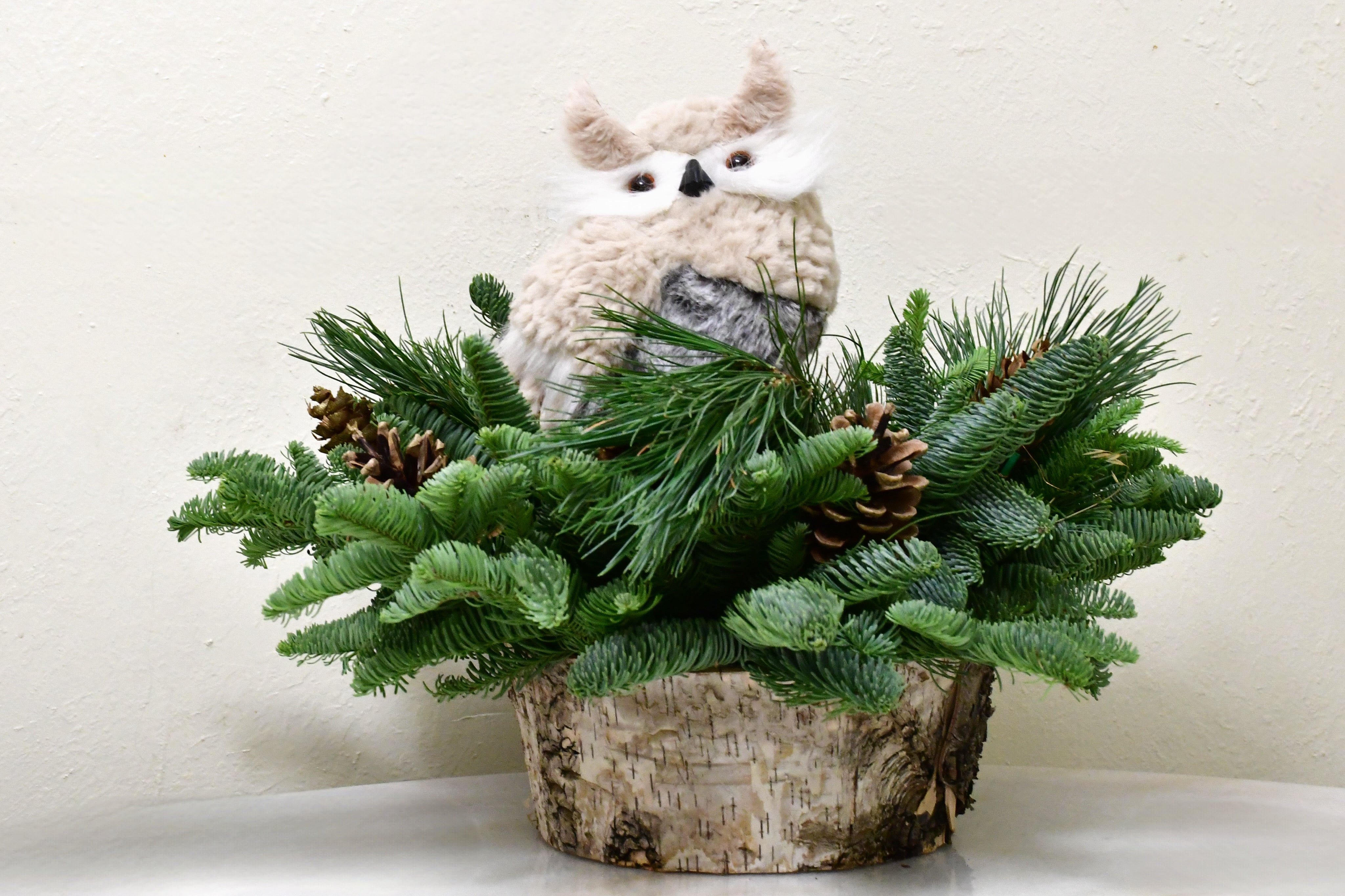 owl Birch holiday centerpiece